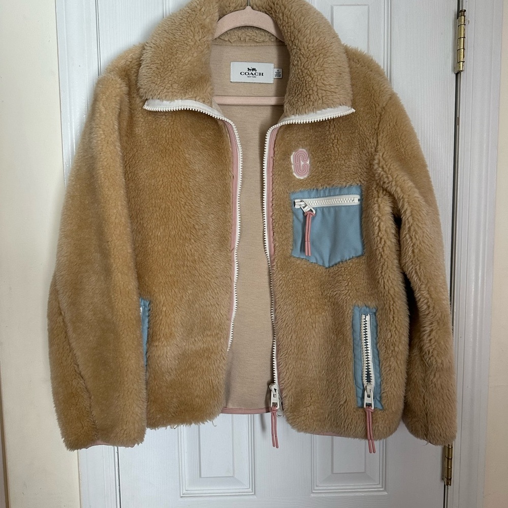 COACH Sherpa Zip Jacket with Blue & pink Pocket Accents